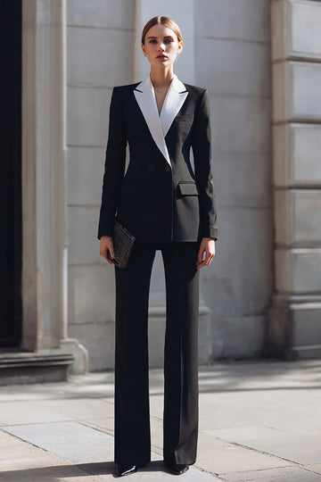 Black Peak Lapel 2 Pieces Long Sleeves Women Tuxedo